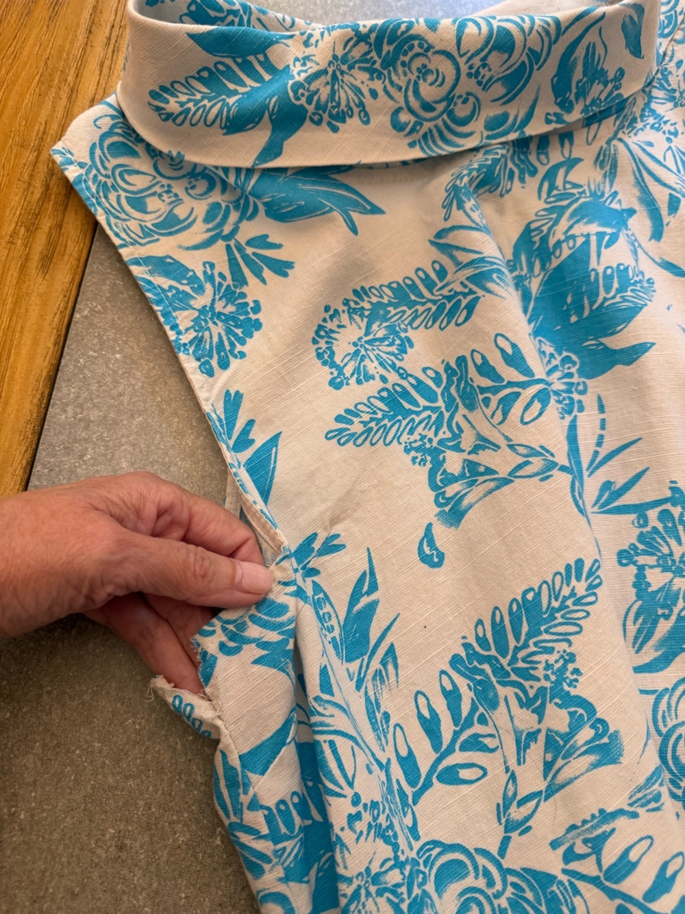 Luisa Perla Blue White Floral Linen Blend Shift Dress Sleeveless Cowl Neck Large - Picture 6 of 11